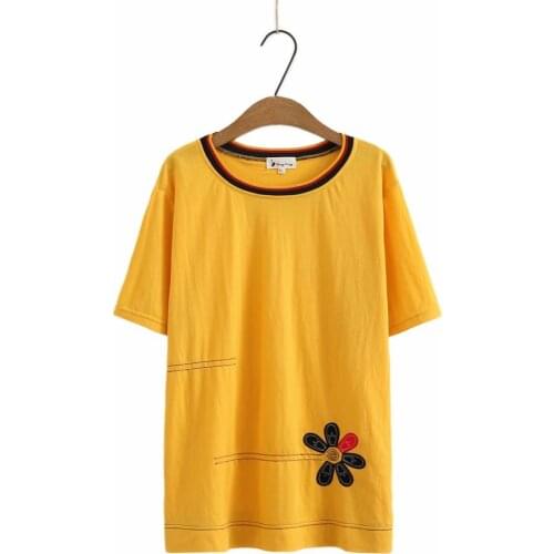 Plus size O neck cotton embroidery women loose tshirts 2021 new summer casual ladies t shirts female tops t-shirts yellow black