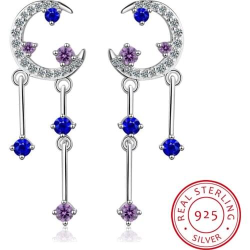 Charming 925 Sterling Silver Ultra-flash Moon Zirconia Starry Sky Tassel Earrings For Women Gift oorbellen S-E817