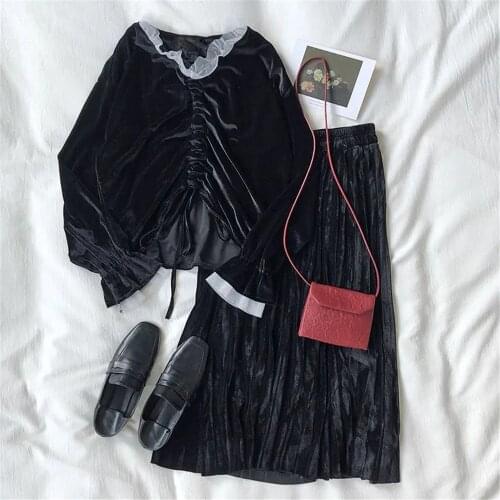 Winter Black Velvet V-neck Lace stitching pullover and elastic High Waist Long Pleated skirt 2PCS Set for Women elegant Suit
