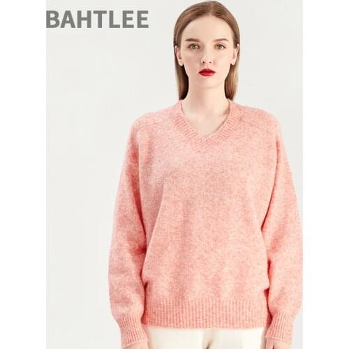 BAHTLEE Women Mohair Short Pullover V-Neck Sweater Long Sleeves Autumn Winter Wool Knitted Jumper Loose Style