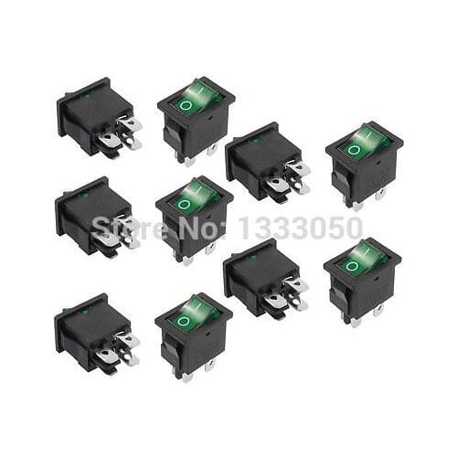 FREE SHIPPING 10 x AC 6A/250V 10A/125V 4 Terminal DPST Green Lamp O/F On-Off Rocker Switch