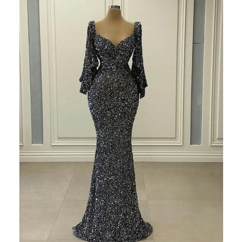 Black Sequined 2021 Prom Dress Luxury Beading Glitter Robe De Soiree Long Sleeve Evening Gowns