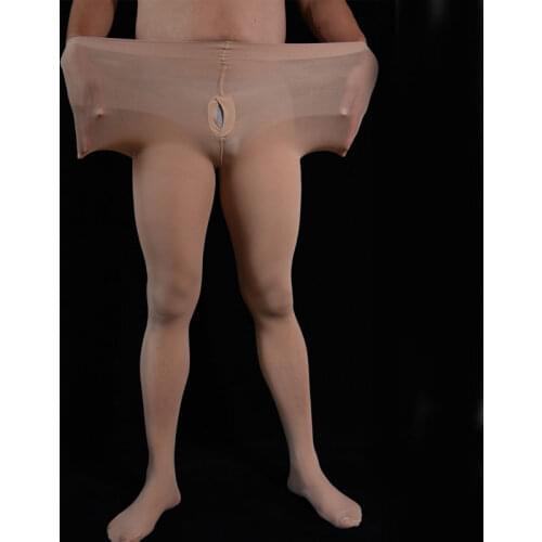 Men Shiny Glossy U Convex Pouch Stockings Open Crotch Sexy Tight Stockings Sheer Stage Shaping Pantyhose Plus Size Warm Wear Q12