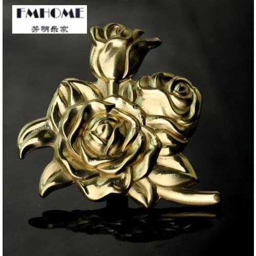 European creative fashion solid yellow brass rose flower furniture door handle gold drawer cabinet cupboard dresser copper knob