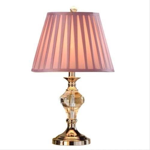Modern Fashion European K9 Crystal Pink Fabric Led E27 Table Lamp with Foot Switch for Wedding Bedroom Living Room H 52cm 1347