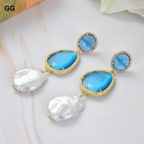 GuaiGuai Jewelry Natural Pearl Cultured White Keshi Pearl Blue Cat eye Cz Paved Hook Dangle Earrings For Women
