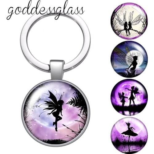 Moon Fairy Purple Moon wings Girl fashion glass cabochon keychain Bag Car key chain Ring Holder Charms keychains gift