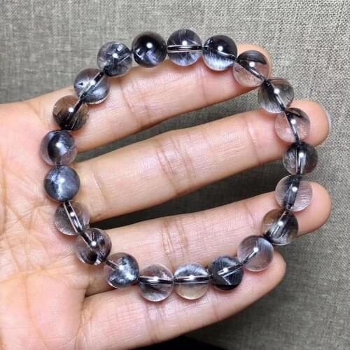 Certificate Natural Brookite Platinum Silver Rutilated Quartz Bracelet 9.5mm Gemstone Clear Round Beads Woman Man AAAAA