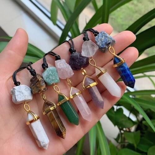 Irregular Rock Quartz Stone Natural Crystal Necklace Energy Healing Jewelry Amethysts Point Hexagonal Prism Pendulum Pendulo