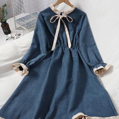 New Autumn Dress With Contrast Color Wood Ears Bandage Sweet Vestidos Mujer Korean Long Sleeve College Pullover Dress Women E413