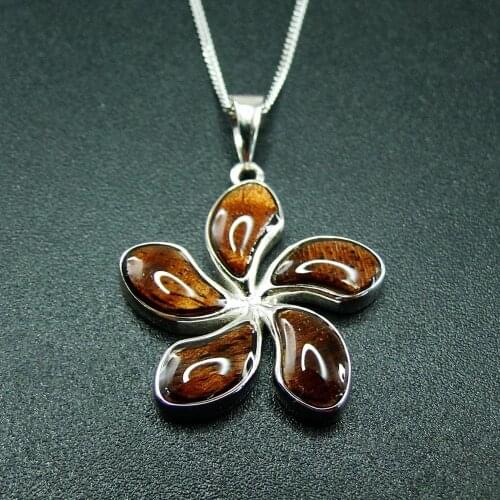 925 Sterling Silver Hawaiian Jewelry KOA Wood 25mm Plumeria Flower Pendant Necklace For Gift