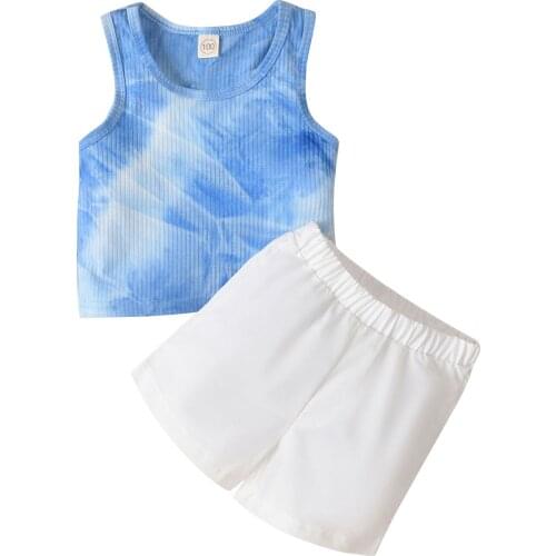 Boys Casual Two-piece Clothes Set, Tie-dyed Printed Pattern Vest and Solid Color Shorts, Blue/ Black 18M-6T