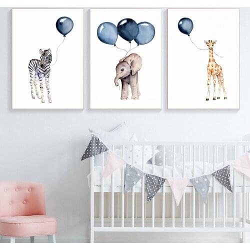 Nordic Balloon Animal Poster Nursery Blue Bubble Wall Art Print Elephant penguin Zebra Canvas Painting For Kids Bedroom Decor