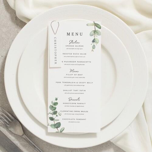 Wedding Dinner Floral Eucalyptus Greenery Menu cards with place card