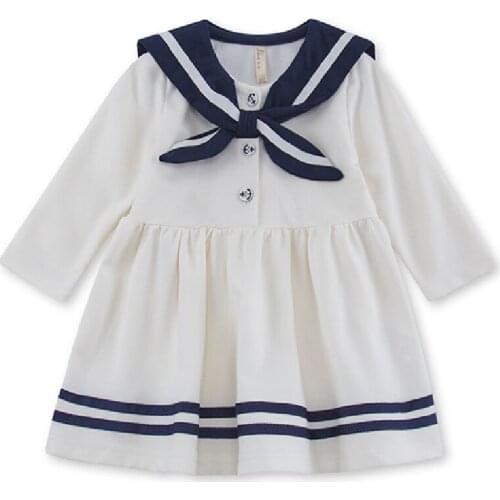 2021 Spring Autumn Casual Fashion Baby Kids Girl Solid Color Long Sleeve Princess Dress Kids Clothes Navy collar