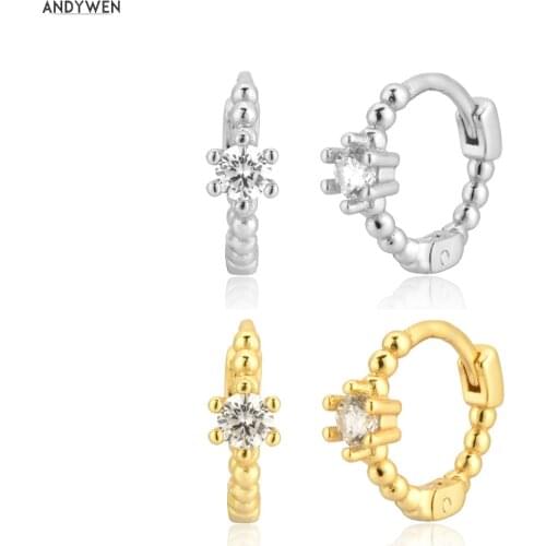 ANDYWEN 100% 925 Sterling Silver Gold 7mm Huggies One Zircon Beads Huggies Women Fashion Crystal Fashion Jewelry For Women