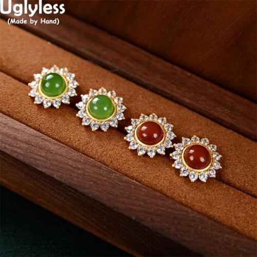 Uglyless Zircons Crystals Halo Sun Jewelry Sets for Women Fashion Luxury Agate Jade Bracelets Studs Earrings 925 Silver Floral