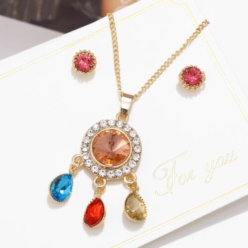 High Quality Elegant Colorful Austrian Crystal Pendants Necklaces Earrings Set Gold Color Bridal Jewelry Sets For Women