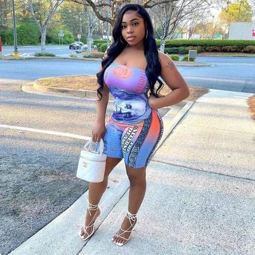 Money Dollar Printed Skinny Rompers Womens Jumpsuit Off Shoulder Backless Fitness Overalls Streetwear Party Clubwear Playsuits