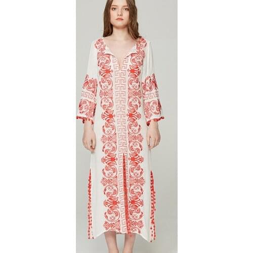 TEELYNN Boho long dress 2018 floral Embroidery long sleeve sexy Side dress Casual dresses white straight hwomen dress vestido