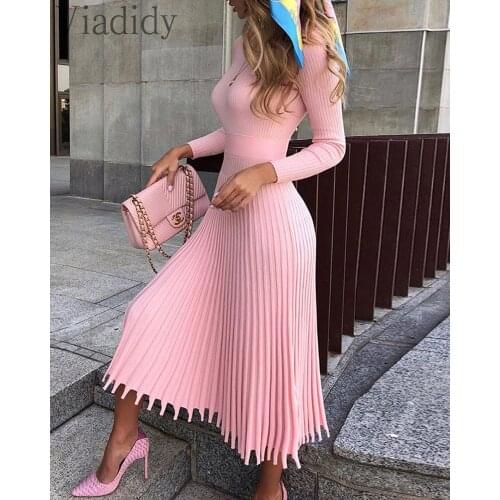 Women Elegant Knitted Midi Dress Hem Tassels Design Round Neck Long Sleeve Ruched A-Line Dress
