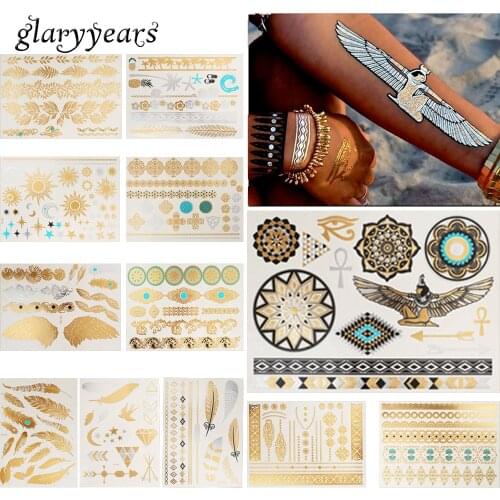 12 Pieces Metallic Tattoo Temporary Sticker Flower Feather Sun Style Women Sleeve Body Art Bracelet Jewelry Tattoo Sticker Flash