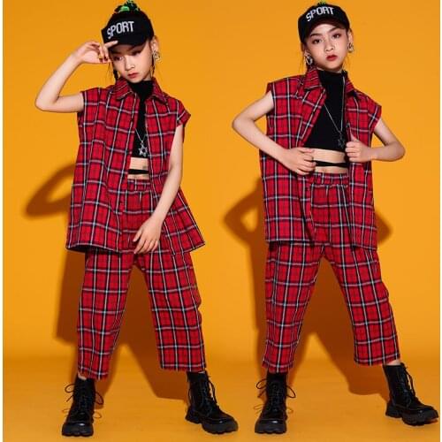2021 Girls Jazz Dance Costumes Sleeveless Vest Loose Pantsred Plaid Hiphop Suit Streetwear Modern Dance Hip Hop Clothes DQS7437