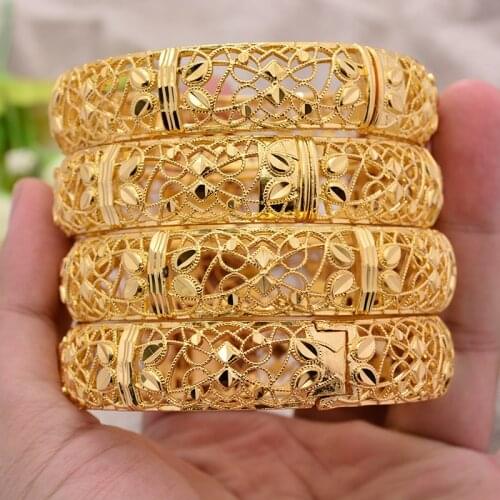 4pcs/lot 24K Large WideWedding Gold Color Bangles for Women Wife Dubai Bride Ethiopian Bracelet Africa Bangle Arab Jewelry