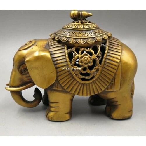 5'' copper carved auspicious beast animal Elephant censer statue