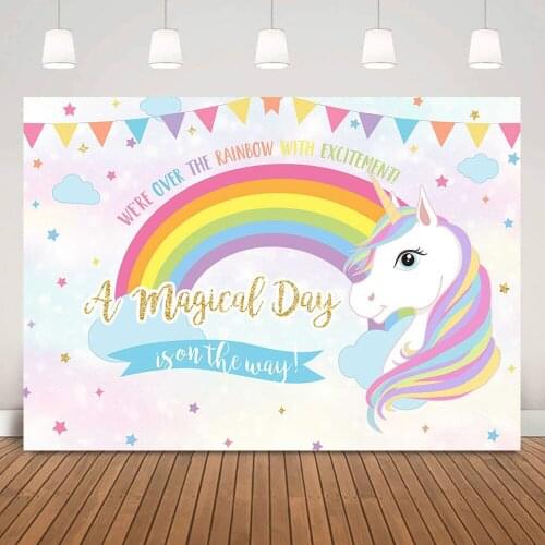 Unicorn A Magical Day Kids Birthday Backdrop Party Decoration Rainbow Stars Unicorn Newborn Baby Shower Background Cloud Flags
