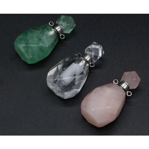 Faceted Natural Pink Quartz Perfume Bottle Essential Oil Pendant Women Quartz Stone Women Trendy Vials Necklace Jewelry Gifts