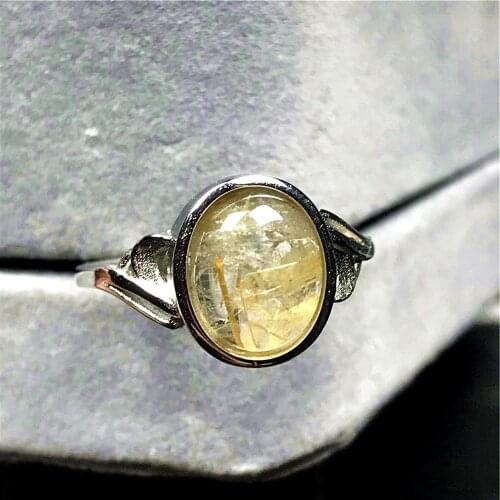 Natural Gold Rutilated Quartz Ring Jewelry For Woman Lady Man Crystal 12x10mm Oval Beads Silver Gemstone Adjustable Ring AAAAA