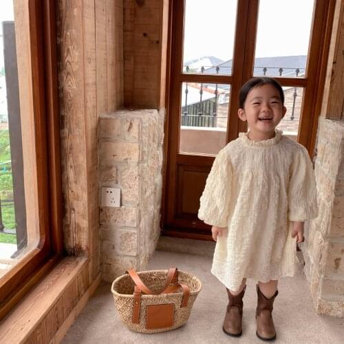 Korea Childrens Wear 2021 Autumn Girls Solid Color Fashion Bubble Sleeve Princess Dress