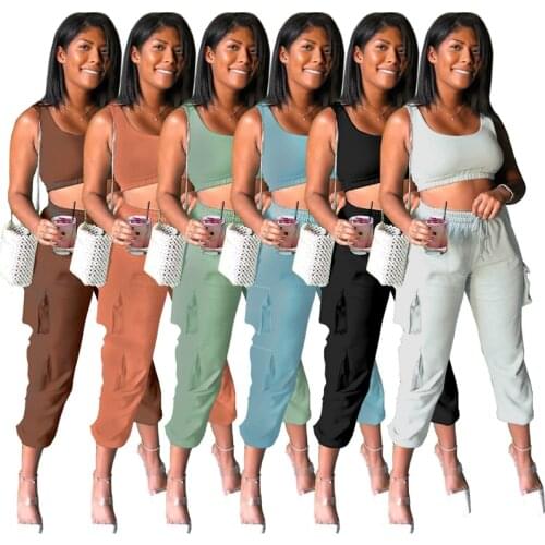 Summer Casual Two Piece Tracksuit Solid Sleveless Crop Top And Skinny Ankle Length Drawstring Pants Fashion Yoga Outfits S-XXL