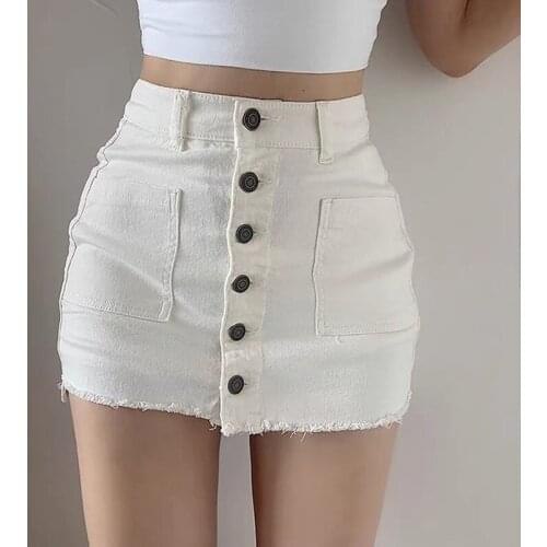 Streetwear Summer White Mini Skirts Y2k High Waisted Single Breasted High Waisted Jeans Tight Skirt Shorts Aesthetic