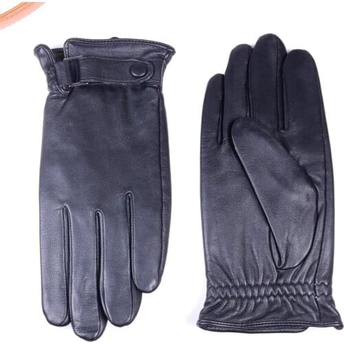Mens Genuine Leather Goat Skin Shrink Wrist Black Winter Warm Touch Screen Short Gloves