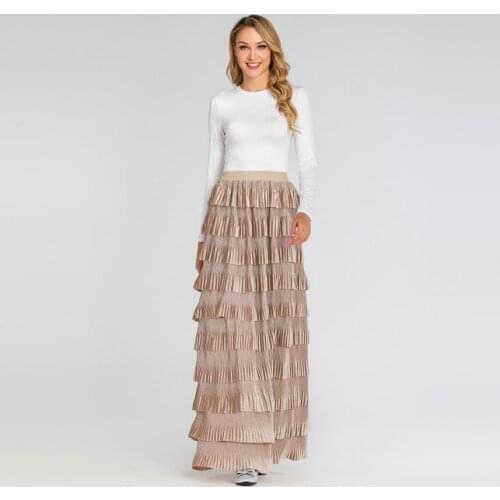 New Stacked cake style muslim skirt female vintage stitching-colored striped knit skirt full length elastic waist skirt F1078