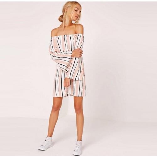 New Womens Fashion Simple One Line Collar Off Shoulder Contrast Stripe Dress