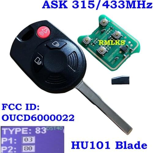 New 3 Buttons Remote Head Car Key Fob 315Mhz/433Mhz 4D63 80bit for Ford Escape Focus C-Max Transit FCC:OUCD6000022 HU101 Blade
