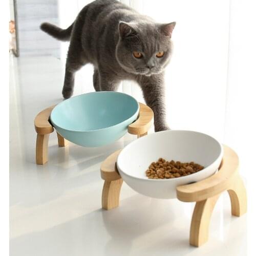 New Ceramic Tilted Elevated Raised Pet Bowl with Wood Stand for Cats and Dogs No Spill Pet Food Water Feeder Cat Accessory