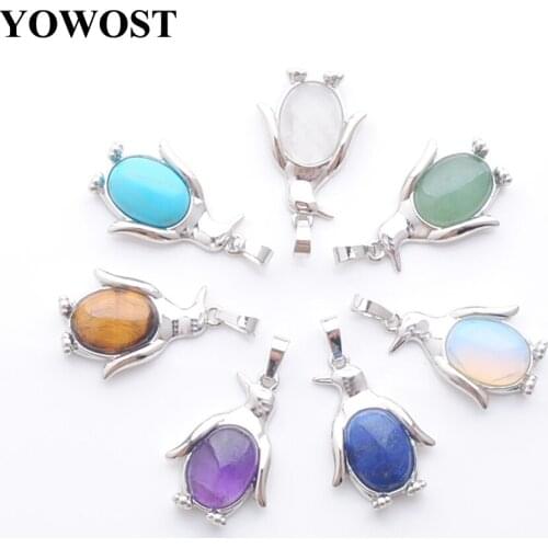 Wholesale 10Pcs Mixed Cute Penguin Pendants Animal Shape Lucky Jewelry Natural Stone Bead Oval Tigers Eye Crystal Lapis TBN390