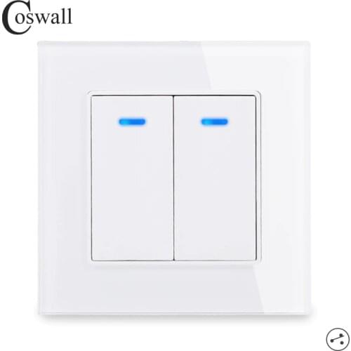 Coswall Crystal Glass Panel 2 Gang 2 Way Pass Through On / Off Light Switch Stair Wall Switch Switched With LED Indicator 16A