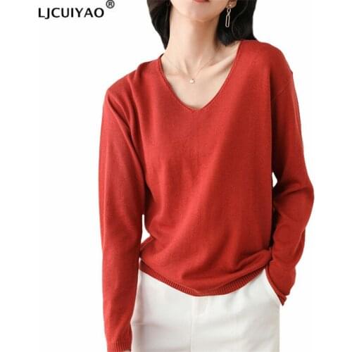LJCUIYAO Casual Long Sleeve Autumn Knitted Sweater Women Pullover Winter White Loose O-Neck Collar Black Yellow Red Pink Clothes
