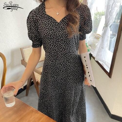Puff Sleeve Women Floral Dress Summer 2021 Korean Vintage Print Dress Female Party Loose Plus Size Midi Dresses Vestido 15358