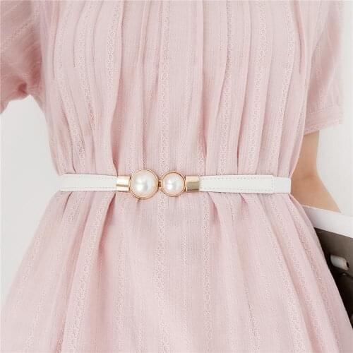 Thin Elastic Rubber Band Waistband Double Faux Pearl Glitter Gold Buckle Belts Gifts For Women Wedding Dress Stretch Waist Belt