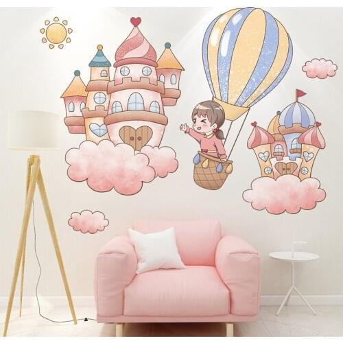 Hot Air Balloon Castle Girl Wall Stickers Kids Princess Room Decoration Bedroom Backdrop Wall Decor Creative PVC Murals