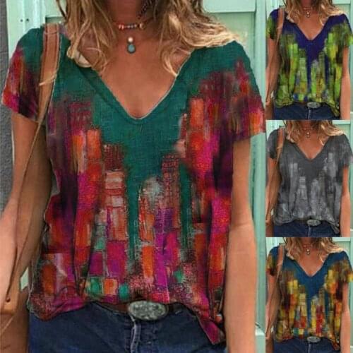 Womens New 3D Digital Positioning Printing V Neck Top Summer Casual Loose Short Sleeved T Shirt Plus Size Clothing