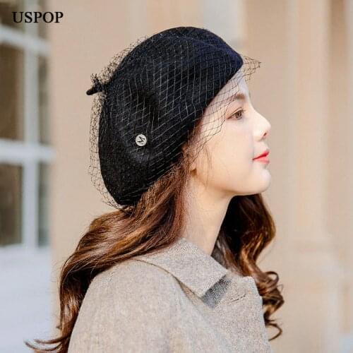 USPOP women wool berets female thick winter hats letter M mesh yarn beret solid color vintage warm has