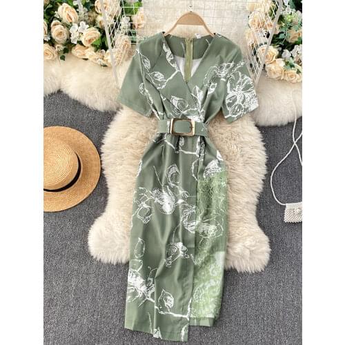 Casual Women Lace Patchwork Printed Bodycon Dress Ladies Office Elegant V-Neck Short Sleeve High Waist Vestidos With Sashes 2020