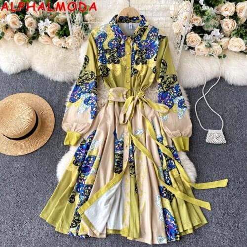 ALPHALMODA 2021 Spring New Fashion Printed Dress Lapel Collar Single breasted Sashes Women VIntage Shirt Dress Knee Length S-XL
